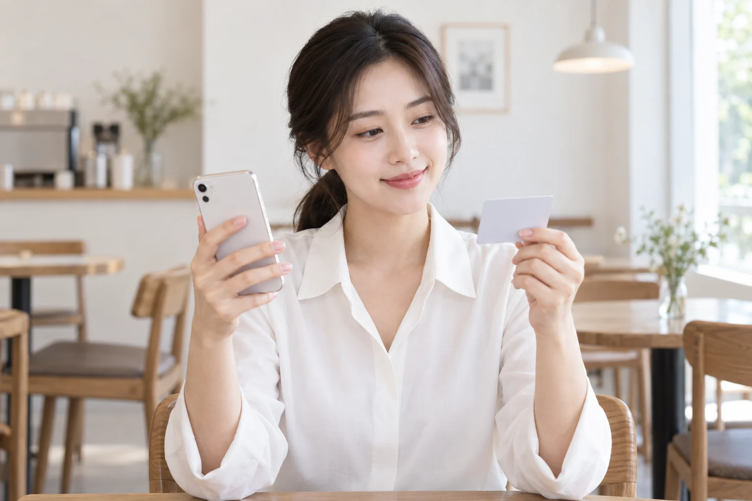 카페에서 휴대폰과 카드를 보는 30대 여성