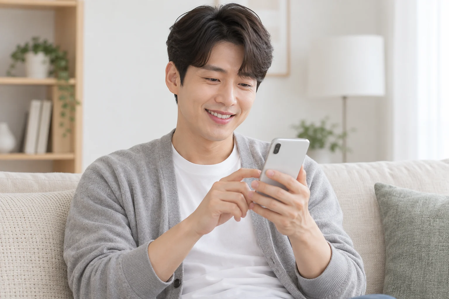 휴대폰으로 상담 문자를 보내는 20대 남성