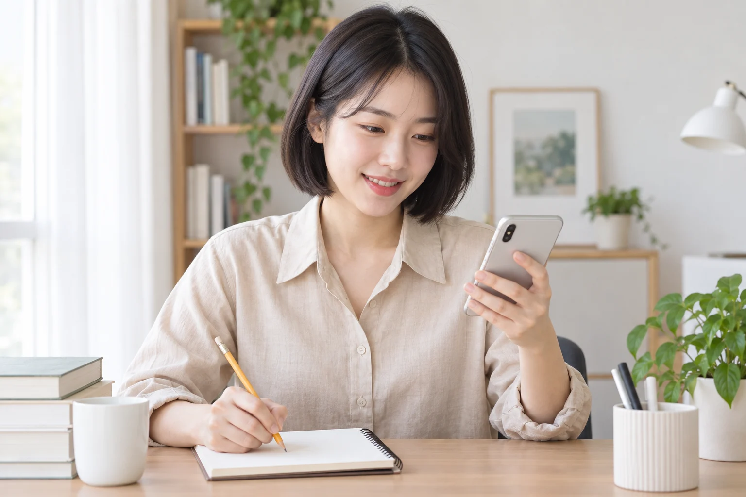통화하며 결제 조건을 알아보는 20대 여성
